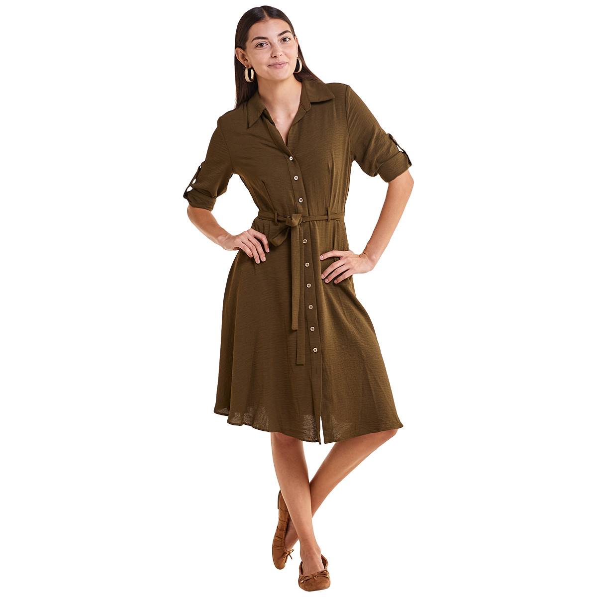 Womens Sharagano Roll Tab Sleeve Airflow Shirtdress