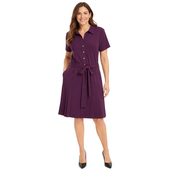 Womens Sharagano Solid Short Sleeve Crepe Pleated Shirtdress