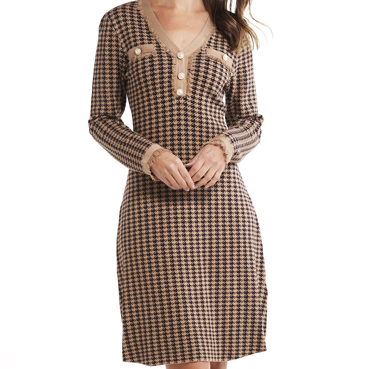 Womens Nanette Lepore Houndstooth V-Neck Sweater Dress