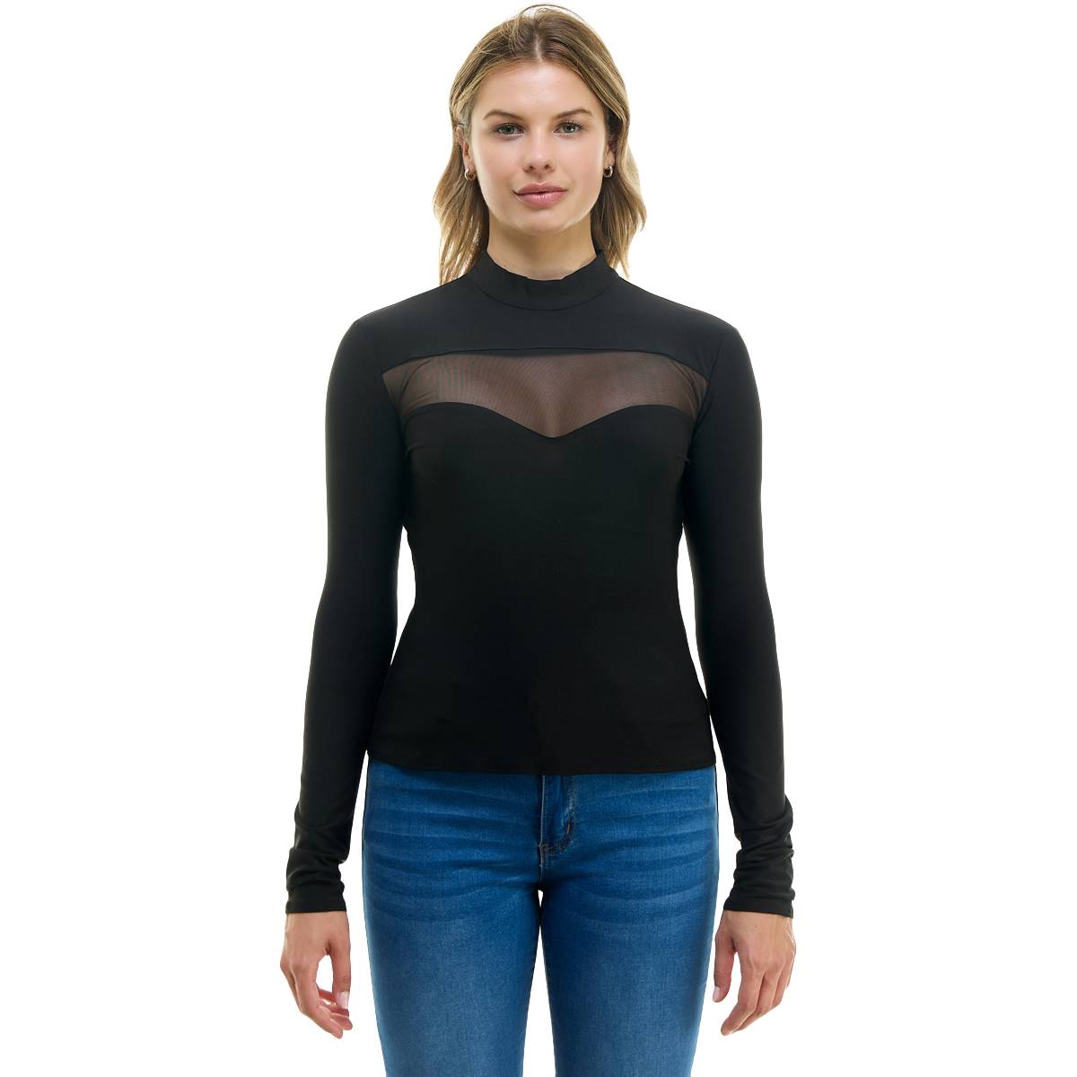 Womens Nicole Miller New York Long Sleeve Cut-Out Mesh Knit Tee