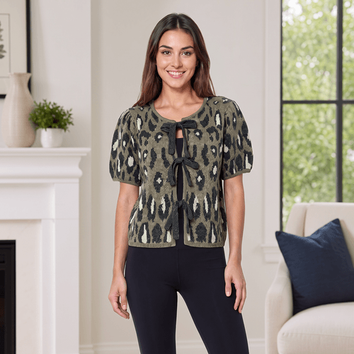 Womens Nicole Miller Short Sleeve Leopard Triple Bow Cardigan