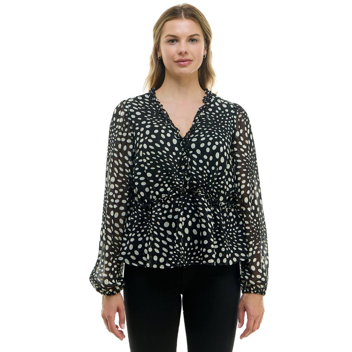 Womens Nicole Miller New York Metallic Clip Dot V-Neck Blouse