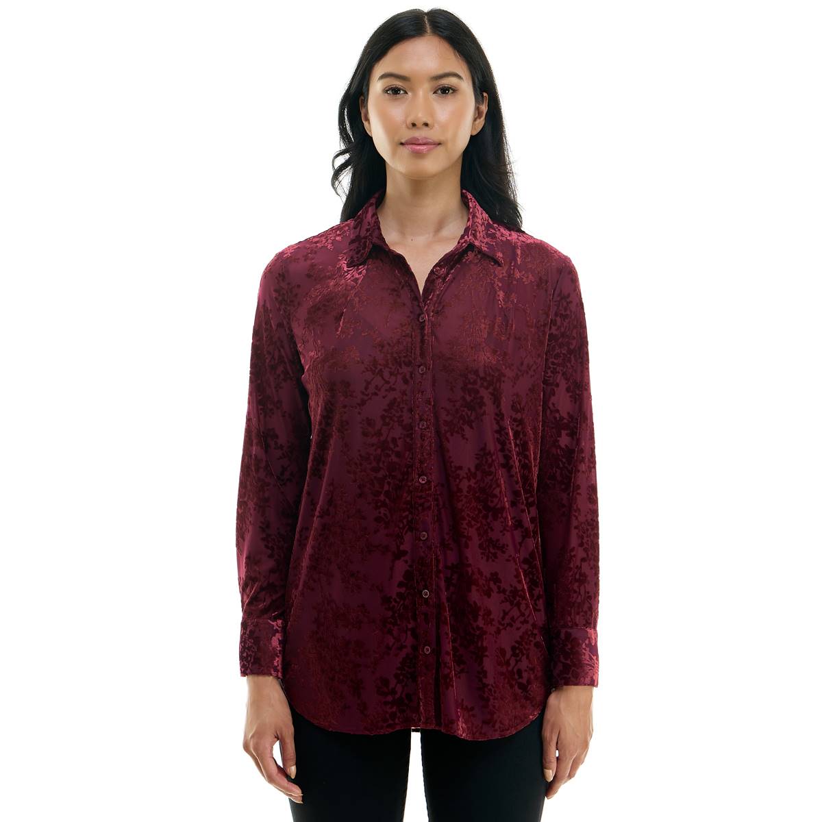 Womens Nicole Miller Long Sleeve Floral Velvet Button Front Tunic