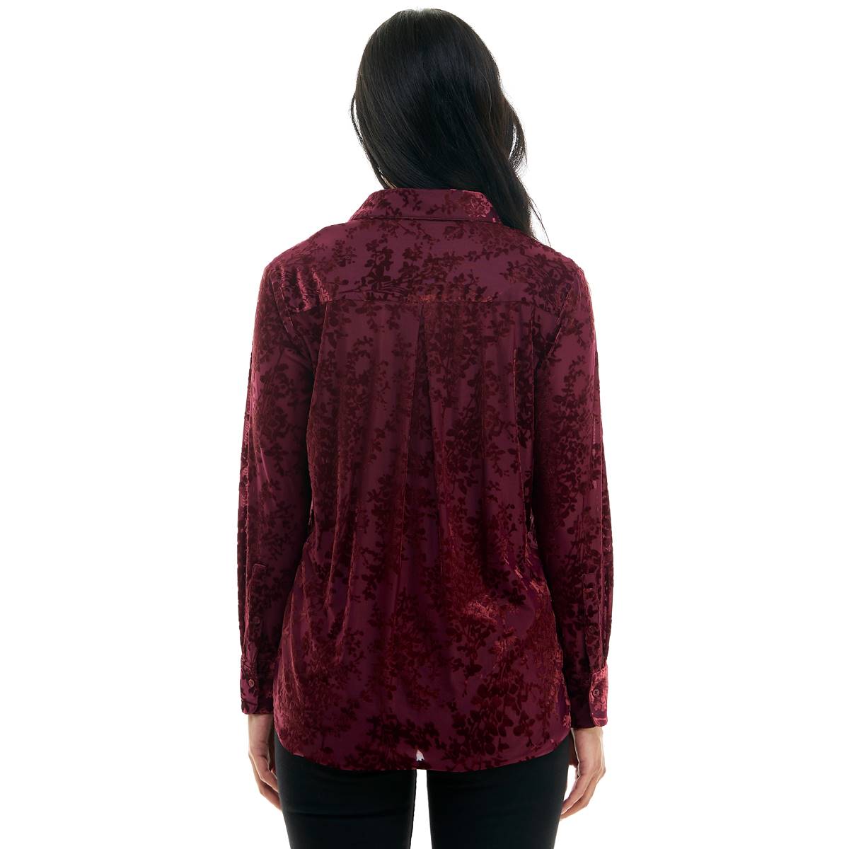 Womens Nicole Miller Long Sleeve Floral Velvet Button Front Tunic