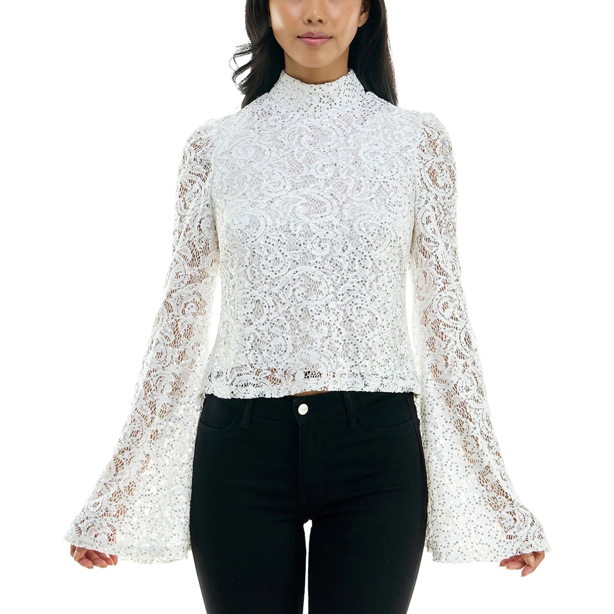 Womens Nicole Miller Long Lace Flare Sleeve Solid Blouse