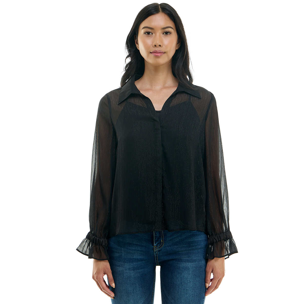 Womens Nicole Miller Solid Long Pleat Sleeve Blouse