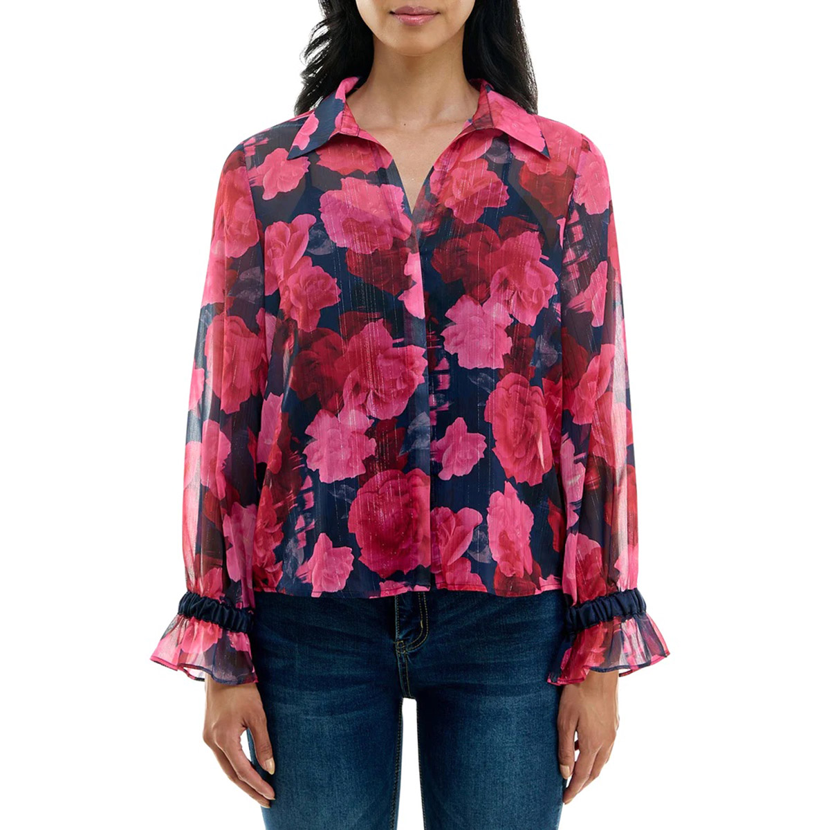 Womens Nicole Miller Chiffon Button Down Floral Blouse W/Cami