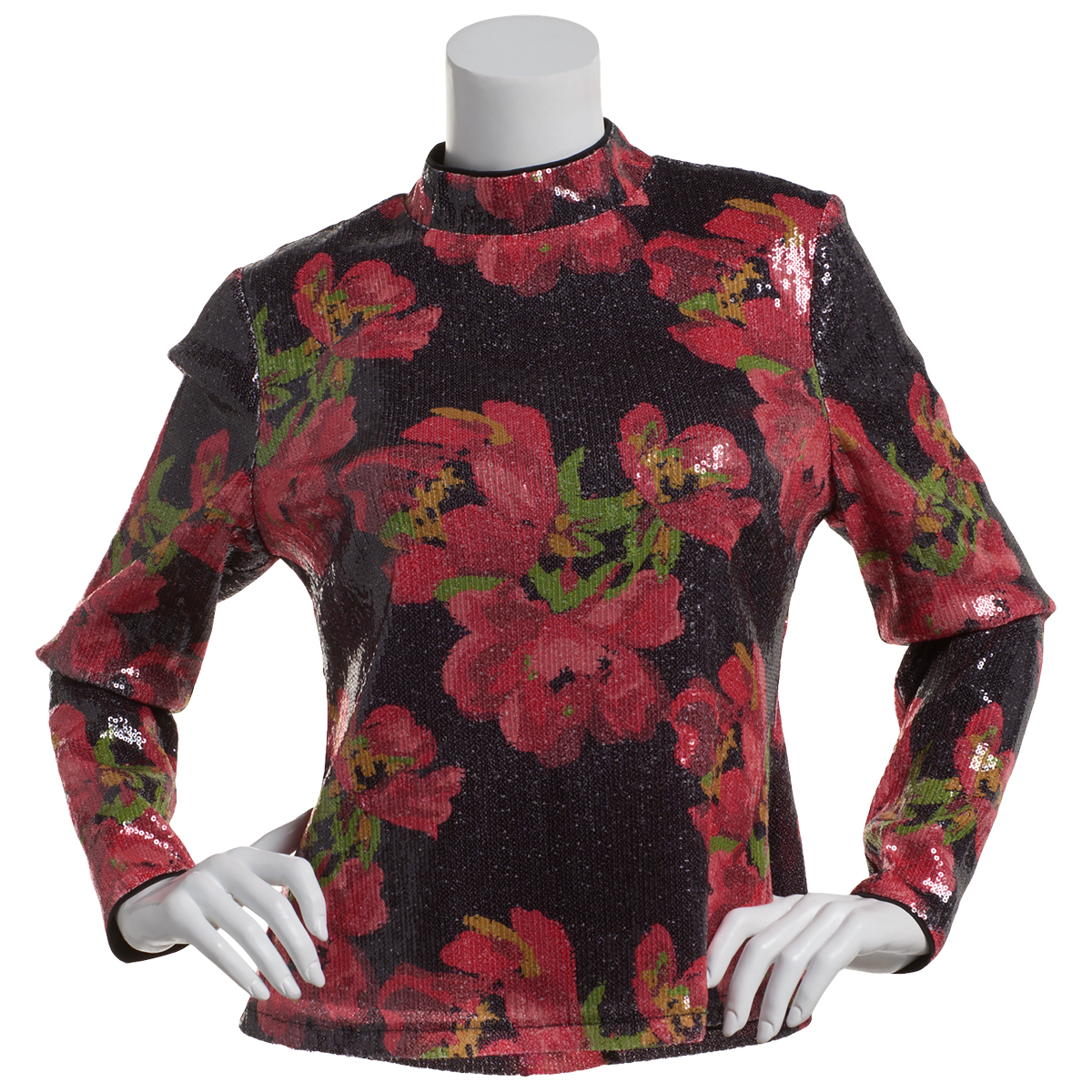 Womens Nicole Miller Long Sleeve Mock Neck Floral Sequin Blouse