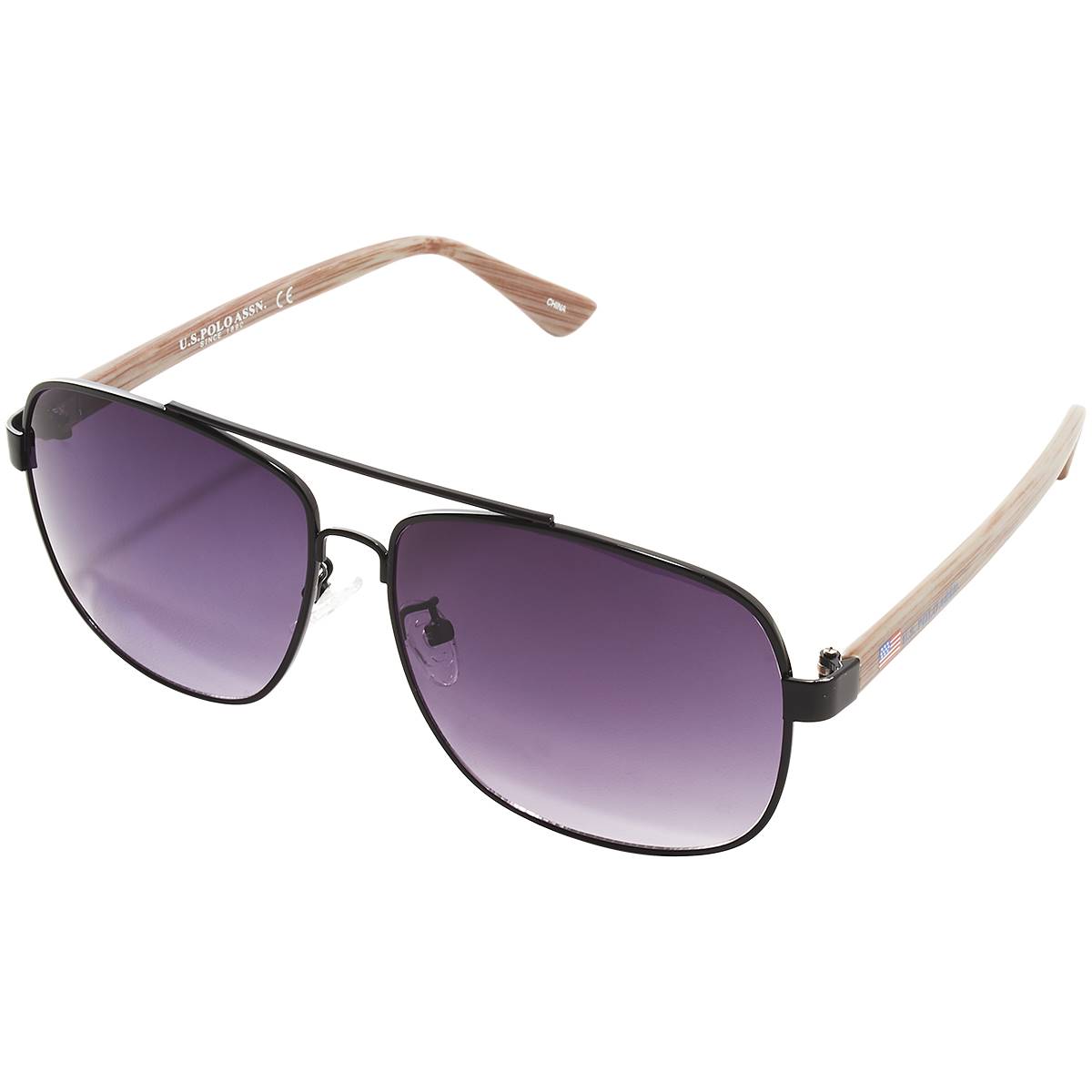 Mens U.S. Polo Assn.(R) Aviator Wood Temple Sunglasses