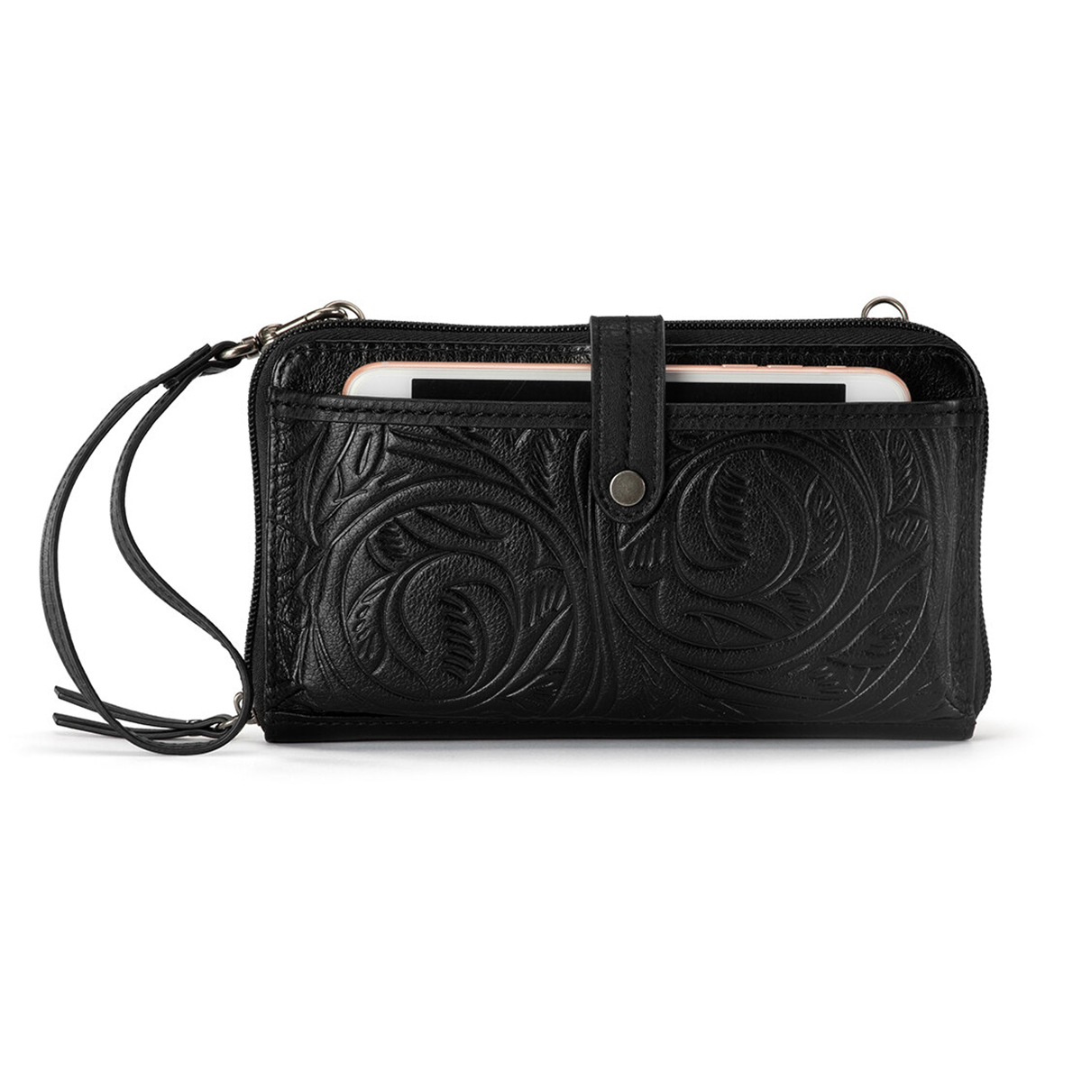 Womens The Sak Black Leaf Embossed Smartphone Wristlet