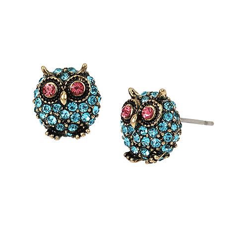 Betsey Johnson Pave Owl Stud Earrings