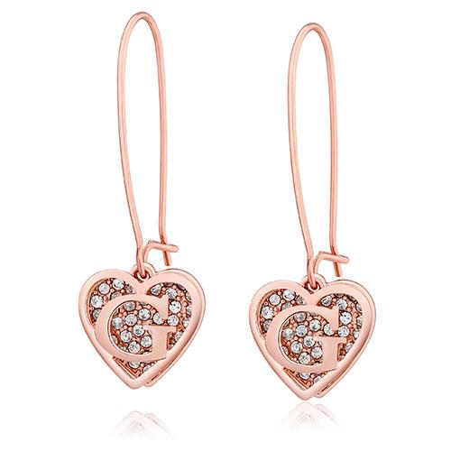 GUESS Rose Gold-Tone Shephard's Hook G Logo Heart Earrings
