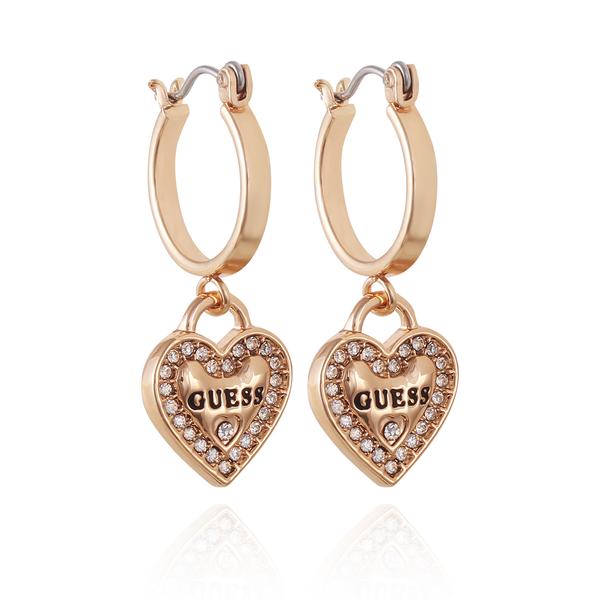 GUESS Gold Huggie Logo Heart Drop Hoop Earrings