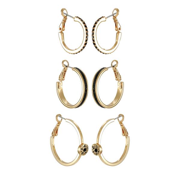 GUESS 3pr. Gold-Tone Jet Pave & Glitter Hoop Earrings Set