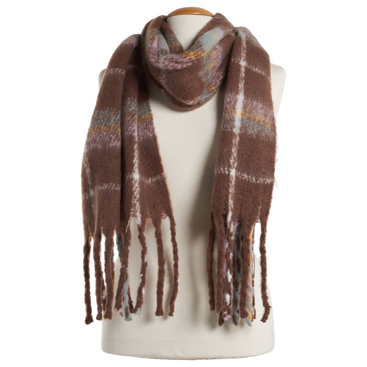 Womens Modena Plaid Brushed Boucle Scarf - Brown
