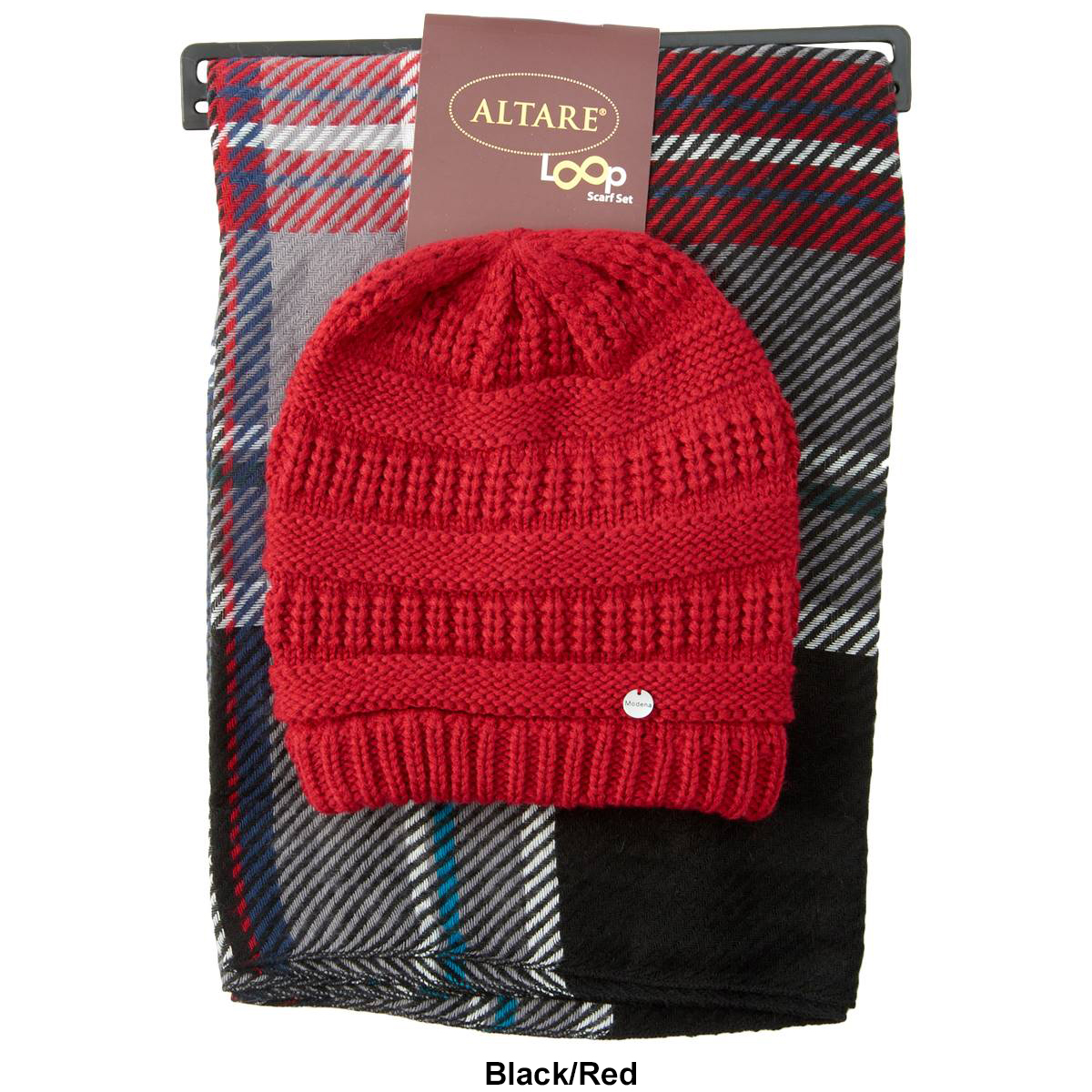 Womens Altare Solid Knit Hat And Plaid Scarf Set