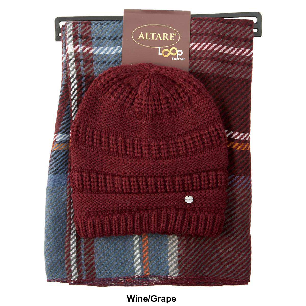 Womens Altare Solid Knit Hat And Plaid Scarf Set