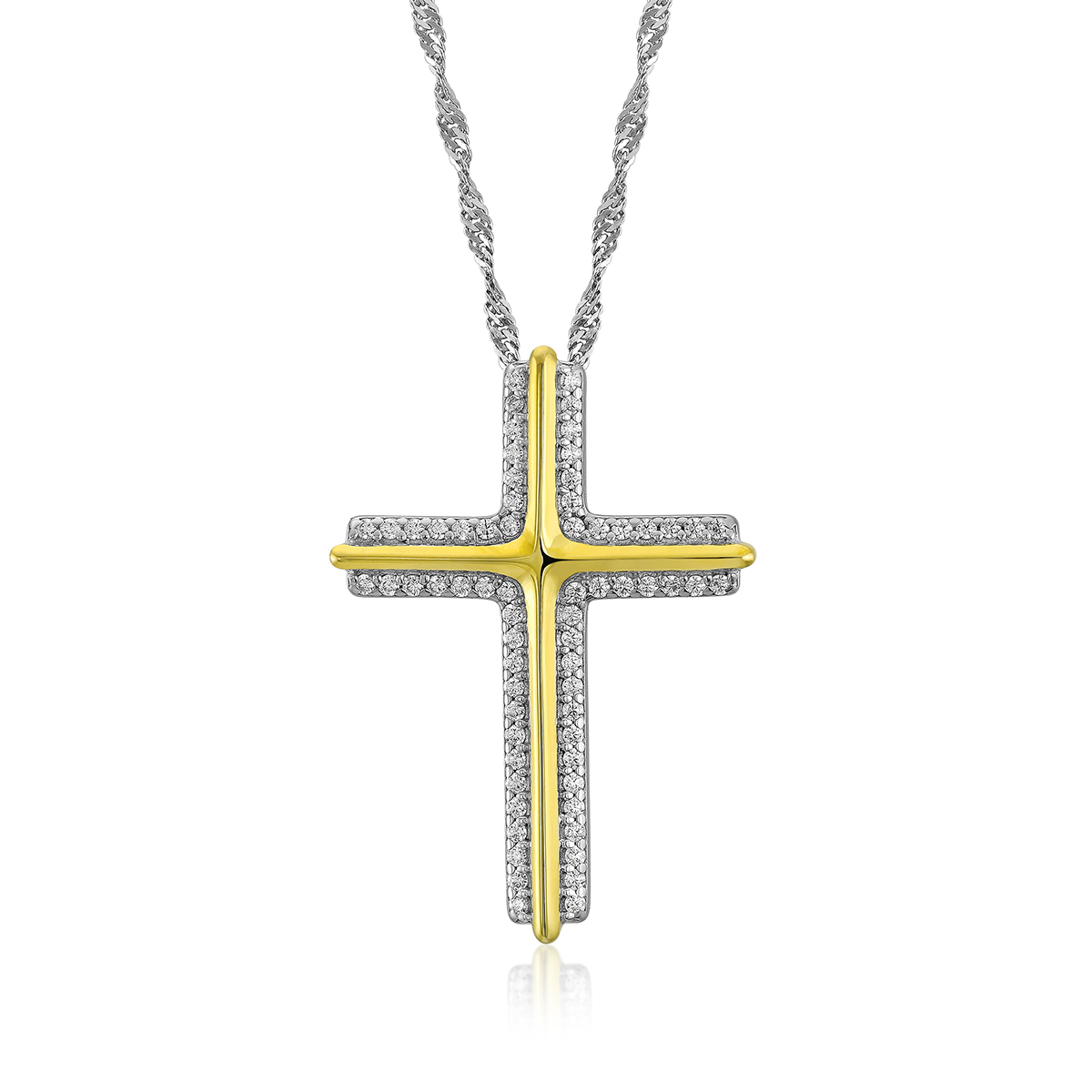 Sterling Silver White & Gold Cross On 18in Singapore Chain