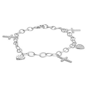 Sterling Silver CZ Heart & Cross Charm Bracelet