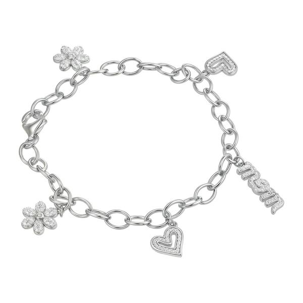 Sterling Silver CZ Mom/Flower/Heart Charm Bracelet