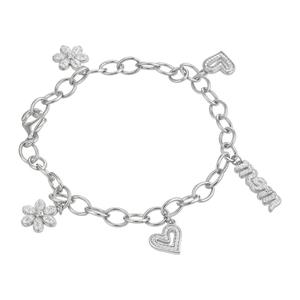 Sterling Silver CZ Mom/Flower/Heart Charm Bracelet