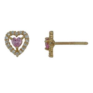 Kids 14kt. Clear CZ & Pink Heart Stud Earrings
