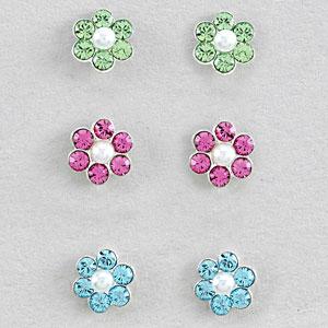 Kids 3pr. Sterling Silver Crystal Pearl Flower Stud Earrings Set