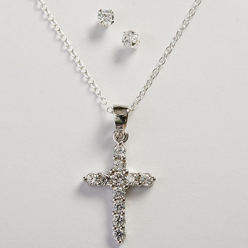 Kids Sterling Silver CZ Cross Necklace & Earrings Set