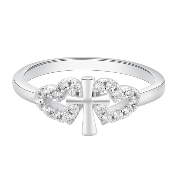 Sterling Silver Double CZ Heart & Cross Ring