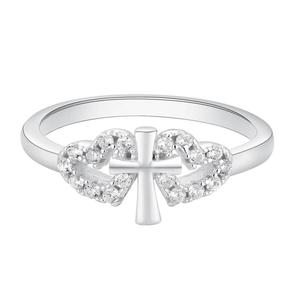 Sterling Silver Double CZ Heart & Cross Ring