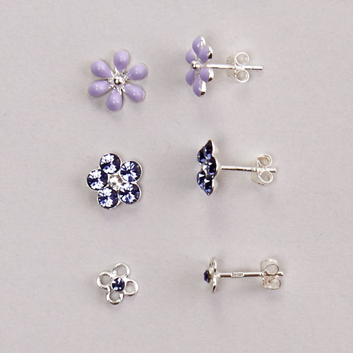 Kids Sterling Silver 3pr. Purple Flower Stud Earrings Set