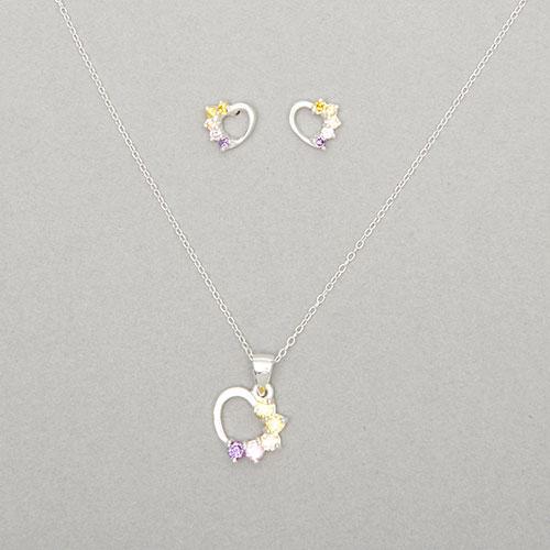 Kids Sterling Silver CZ Heart Pendant Necklace & Earrings Set