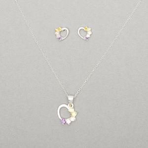 Kids Sterling Silver CZ Heart Pendant Necklace & Earrings Set