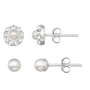 2pr. Sterling Silver Crystal Halo Pearl & Pearl Stud Earring Set