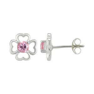 Sterling Silver Pink CZ Clover Stud Earrings