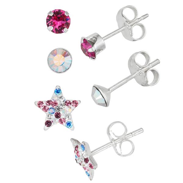 Kids Sterling Silver 3pr. Silver/Fuchsia/Blue Stud Earrings Set