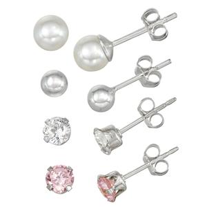 Sterling Silver 4pr. Pearl Ball & CZ Stud Earrings