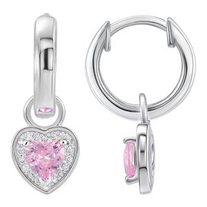 Sterling Silver Endless Hoop with Pink CZ Heart Charm Earrings