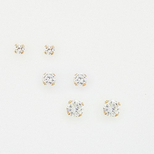 3pr. 10kt. Yellow Gold Round CZ Earrings