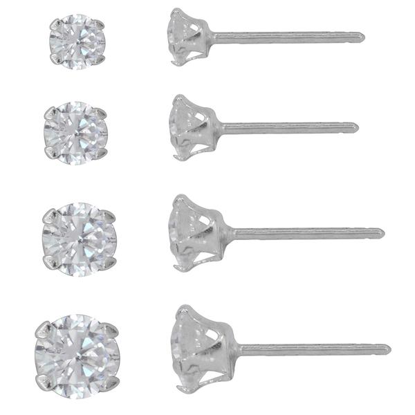 Sterling Silver Round CZ 4pr. Stud Earrings Set