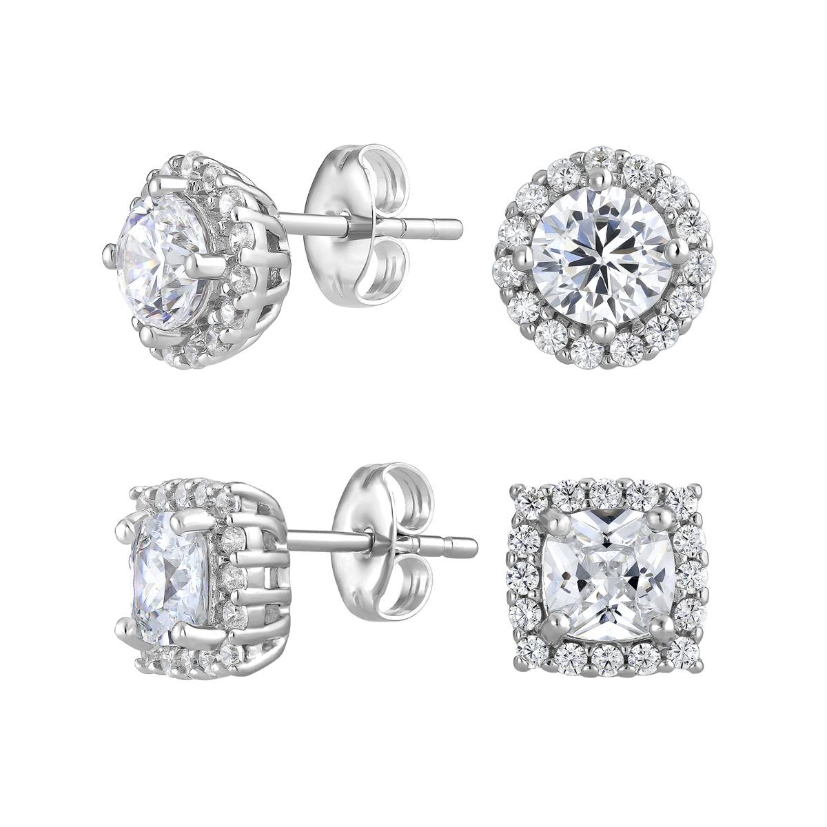 2pr. Halo Square & Round Stud Earrings Set