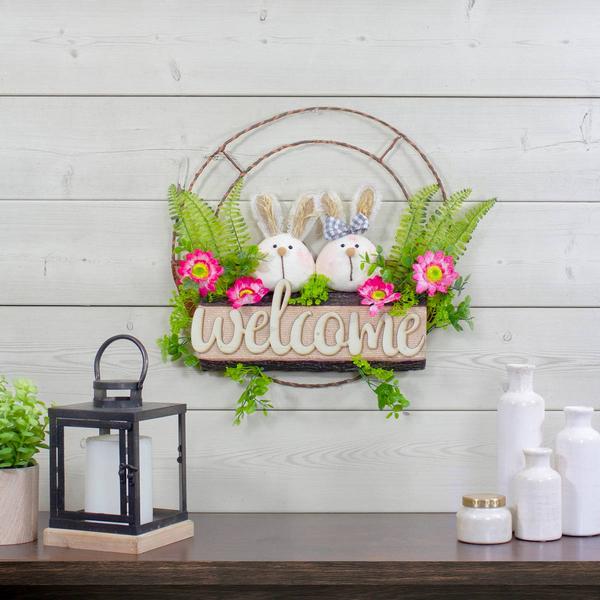 Northlight Rabbit Couple Welcome Floral Spring Wreath alternate view