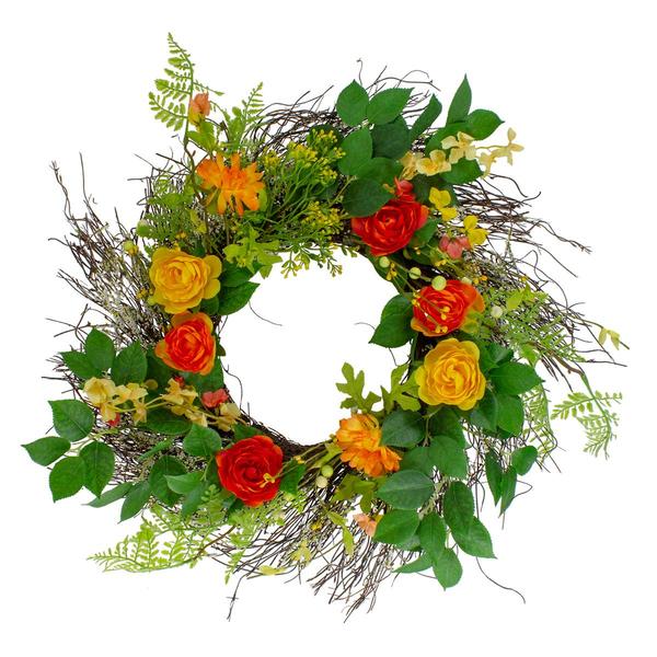 Northlight Ranunculus & Rose Floral Spring Wreath