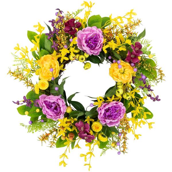 Northlight Artificial Peonies & Forsythia Spring Wreath