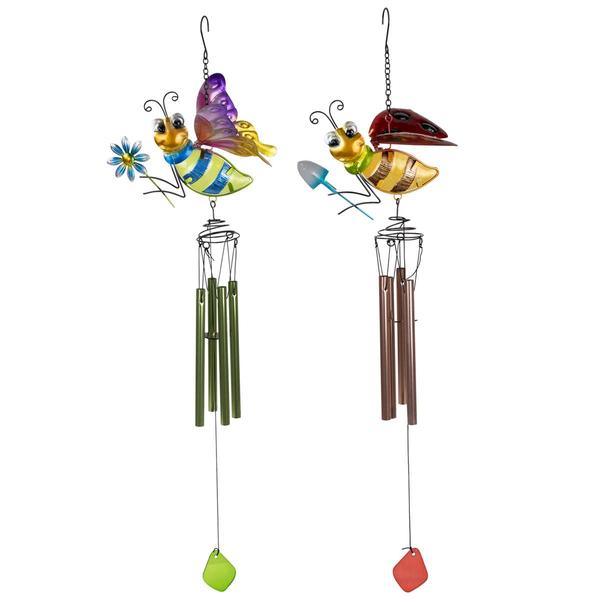 Northlight Pink & Green Bees Garden Wind Chime Set