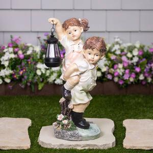 Northlight LED Solar Boy & Girl w/ Lantern Garden Statue