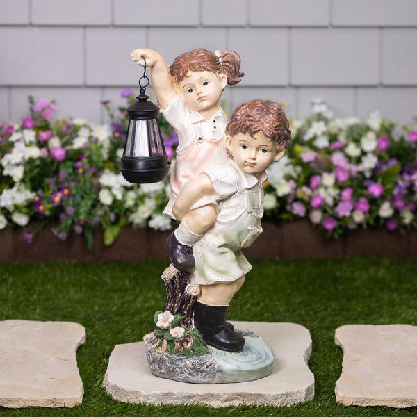 Northlight LED Solar Boy & Girl w/ Lantern Garden Statue
