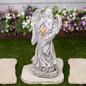 Northlight LED Solar Angel with Cross Garden Statue