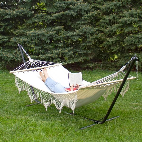Northlight Macrame Cotton Hammock with Wooden Bars alternate view