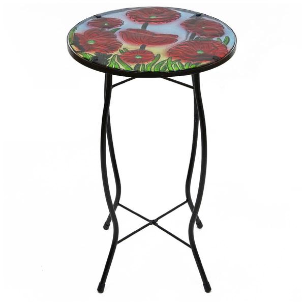 Northlight Red Floral Poppies Glass Patio Side Table